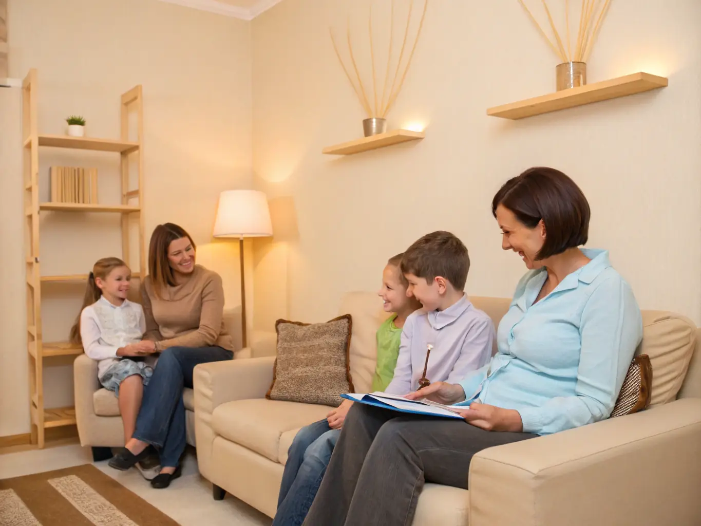 A family receiving counseling in a welcoming community center setting, representing the Family Support Services provided by CAJL.
