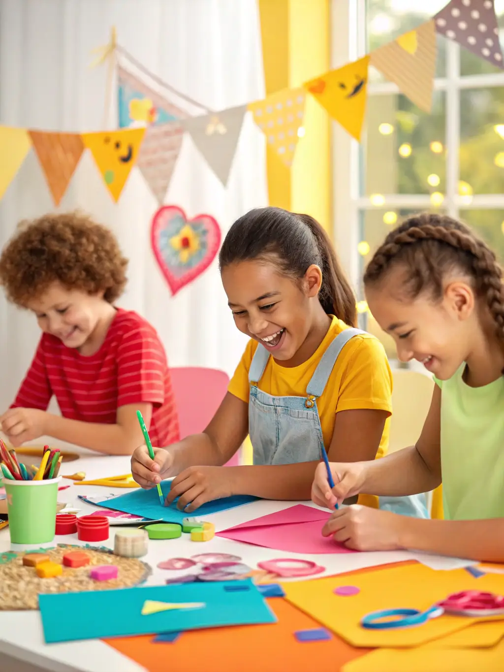 A group of children participating in an art workshop, painting colorful pictures with smiles on their faces, showcasing CAJL's cultural programs.