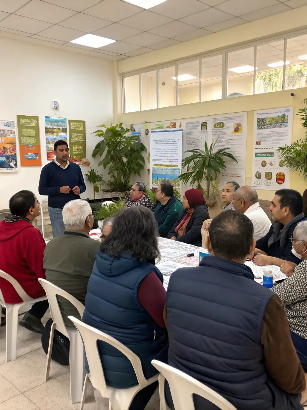 A diverse group of adults participating in a community workshop, learning new skills and engaging in collaborative activities, highlighting CAJL's community engagement efforts.