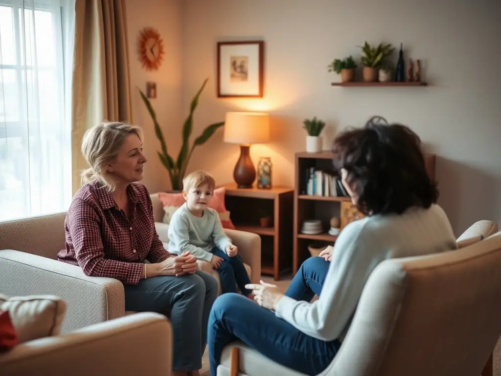 A family receiving counseling in a welcoming community center setting, illustrating the family support services provided by CAJL.
